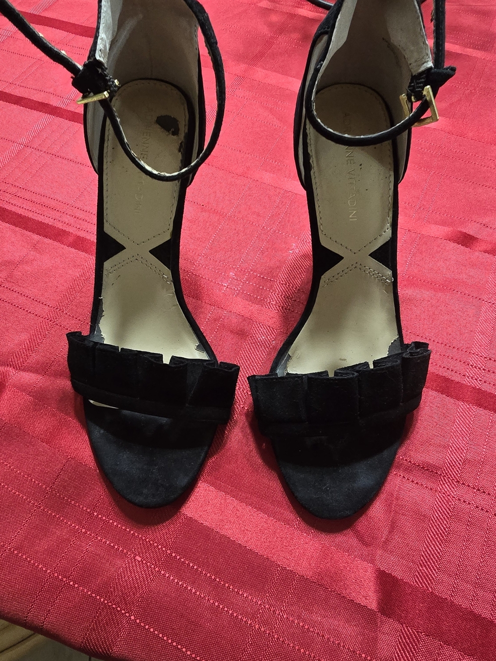 Adrienne Vittadini Black Suede Ruffle Ankle-Strap Heels